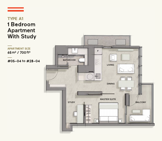 Type A1 · 1-Bedroom + Study · 700 sqft