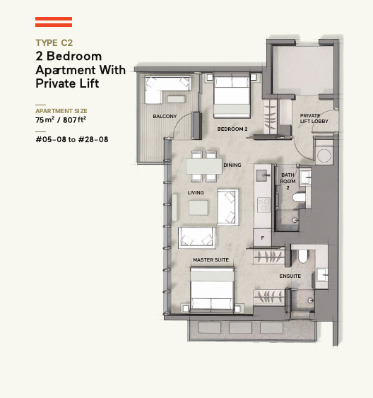 Type C2 · 2-Bedroom + Private Lift · 807 sqft
