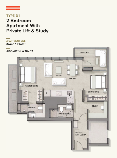 Type D1 · 2-Bedroom + Study + Private Lift · 926 sqft