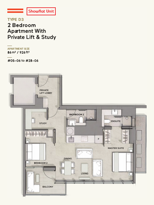 Type D3 · 2-Bedroom + Study + Private Lift · 926 sqft
